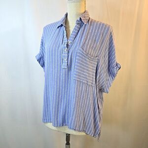 ee:some Blue w White Stripe Button-Up Blouse Size Large 100% Cotton Relaxed fit